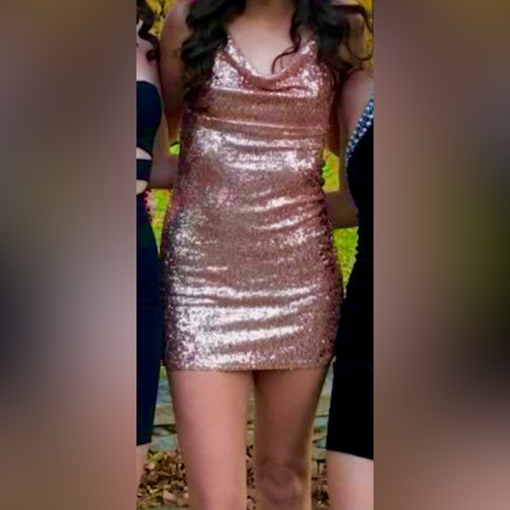 Hello miss size small sequin rose gold mini dress with open back
